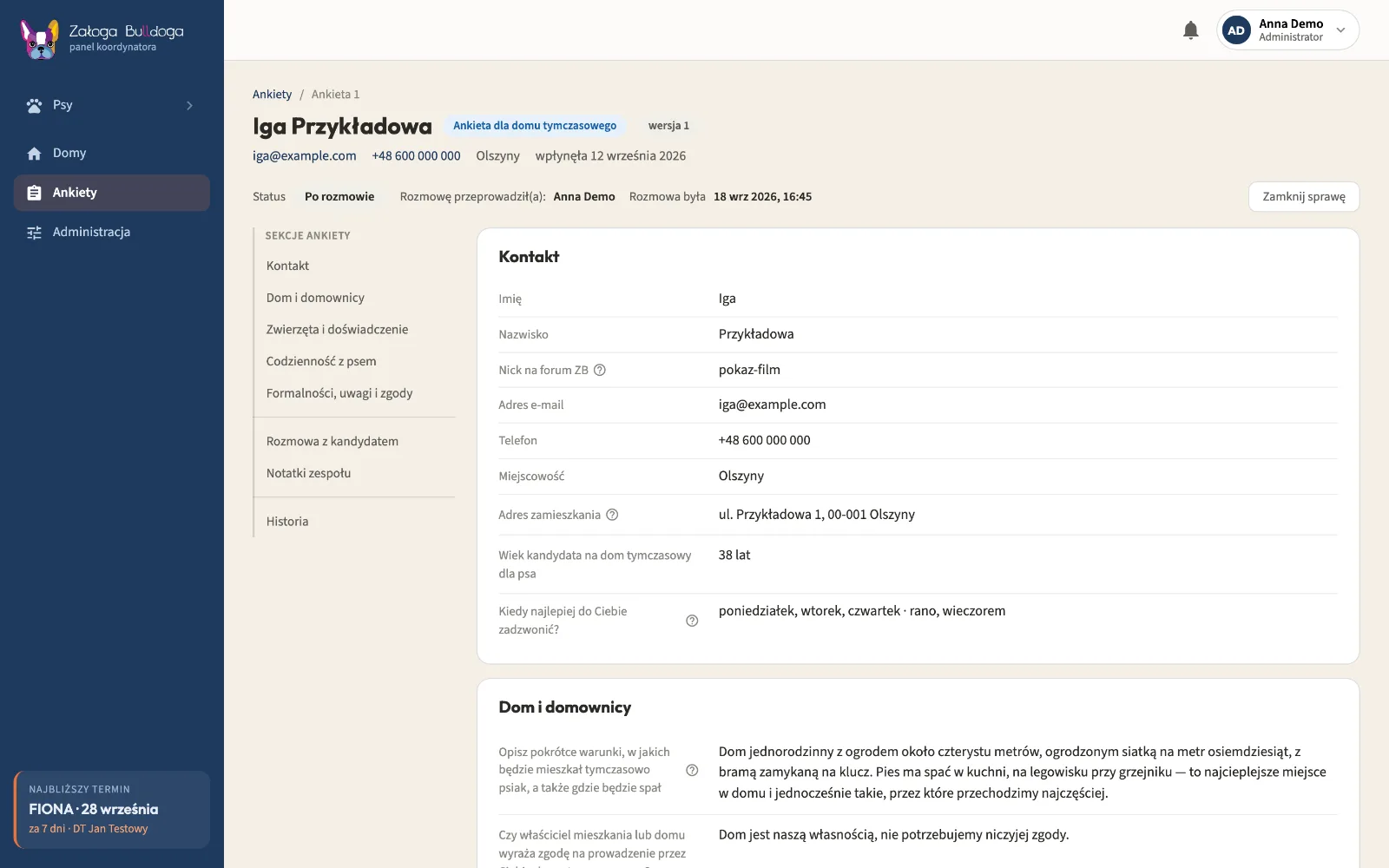 Karta zgłoszenia z ankiety na dom tymczasowy: dane kandydata, status rozmowy i sekcje ankiety.